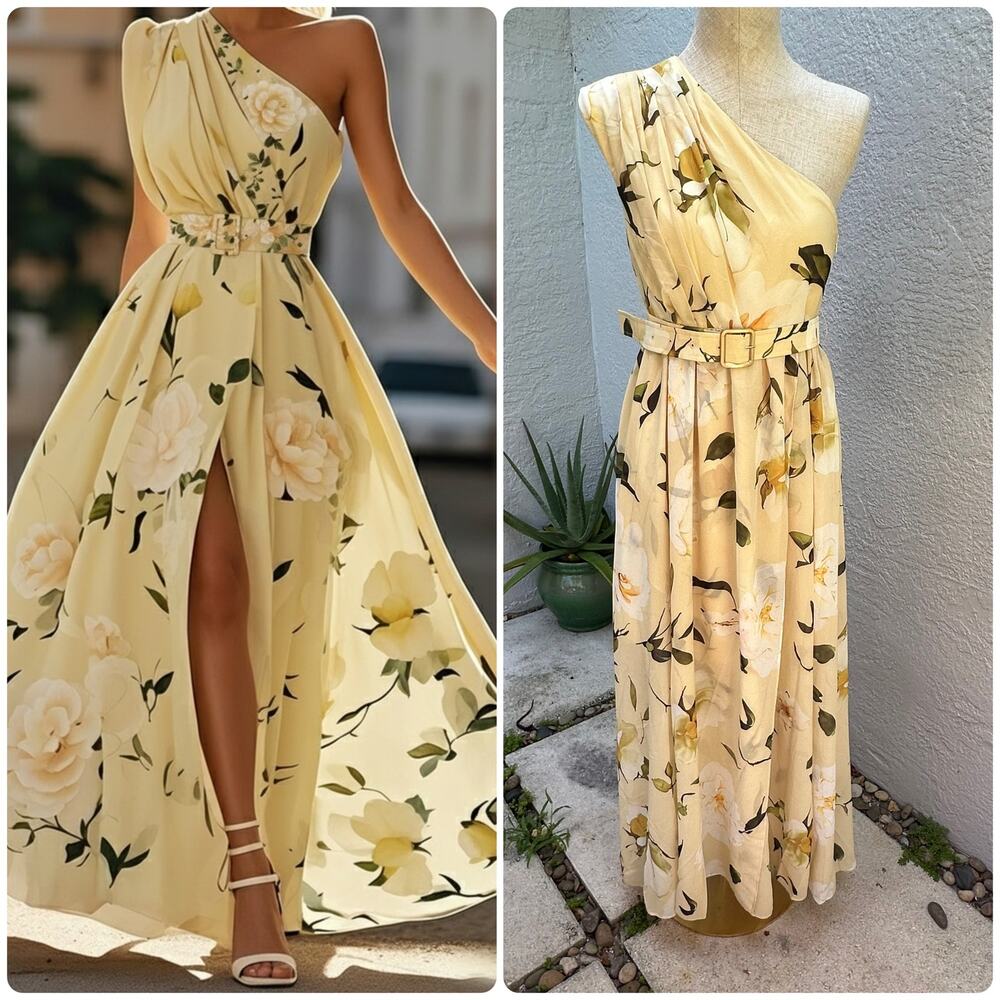 NWT FEHAUTE Ruched One Shoulder A-Line Chiffon Dress